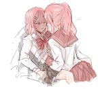  2girls amaori_haruna amaori_renako ashigaya_high_school_uniform between_legs blush bow bowtie collared_shirt commentary fen_(sef_fen) grey_skirt hand_on_another&#039;s_face hand_under_clothes hand_under_shirt hashtag-only_commentary incest long_hair medium_hair multiple_girls one_eye_closed parted_lips pink_bow pink_bowtie pink_hair pink_skirt plaid_clothes plaid_skirt pleated_skirt ponytail purple_eyes school_uniform shirt siblings sisters skirt watashi_ga_koibito_ni_nareru_wake_naijan_murimuri! white_shirt yuri 