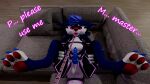 3d_(artwork) absurd_res anthro begging blush collar digital_media_(artwork) from_front_position furniture genitals harness hi_res leash lying male missionary_position novabeast novacat on_back pawpads paws penis rombocat sex sofa solo