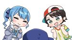 +_+ 3girls :d baseball_cap black_hair blue_bow blue_eyes blue_hat blush_stickers bow cardigan chibi closed_eyes closed_mouth grey_cardigan hair_bow hands_up hat highres hololive hoshimachi_suisei hoshimachi_suisei_(sailor) long_hair long_sleeves minato_aqua mochimiko multiple_girls oozora_subaru oozora_subaru_(1st_costume) open_cardigan open_clothes pleated_skirt puffy_long_sleeves puffy_sleeves purple_eyes sailor_collar school_uniform serafuku shirt short_sleeves side_ponytail sideways_hat simple_background skirt sleeves_past_wrists smile star_(symbol) striped_bow striped_clothes striped_shirt vertical-striped_clothes vertical-striped_shirt virtual_youtuber white_background white_sailor_collar white_serafuku white_shirt white_skirt 