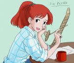  1girl anbj blue_eyes brown_hair cup earrings fio_piccolo jewelry kurenai_no_buta long_hair looking_at_viewer open_mouth paper plaid ponytail red_hair shirt smile solo table 