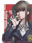  1girl bangs blue_jacket board_game border bow bowtie brown_hair collared_shirt commentary eyebrows_visible_through_hair flower_knot grey_hair hair_between_eyes hair_ribbon hair_tie heart highres hime_cut jacket kosei_high_school_uniform long_hair long_sleeves looking_at_viewer persona persona_5 poechan_chan red_background ribbon school_uniform shadow shirt shogi shogi_piece simple_background solo striped striped_bow striped_bowtie tassel tougou_hifumi white_border white_shirt 