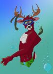  anthro antlers bubble cervid cervine clothing dante_mutt_(artist) fish freediving fur green_eyes holding_breath horn male mammal marine red_body red_deer red_fur seaweed solo swimming swimming_goggles swimming_trunks swimwear 
