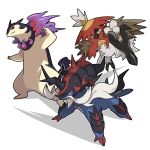  closed_mouth commentary_request hisuian_decidueye hisuian_samurott hisuian_typhlosion looking_at_viewer no_humans outline pokemon pokemon_(creature) pokemon_(game) pokemon_legends:_arceus poyo_party smile spikes standing starter_pokemon_trio white_background 