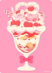  drinking_straw food heart kirby kirby_(series) marshmallow no_humans open_mouth parfait pink_background pink_theme rizu_(rizunm) simple_background sitting_on_food smile sprinkles 