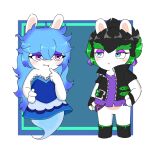 1:1 2024 3_fingers amethyst_(gem) anthro arms_bent bangs belt black_boots black_clothing black_footwear black_gloves black_hair black_handwear black_jacket black_topwear blue_clothing blue_dress blue_eyes blush boots closed_smile clothed clothed_anthro clothed_female clothing colored crossover digital_drawing_(artwork) digital_media_(artwork) dress duo ear_piercing edge_(mario_plus_rabbids) english_description eyebrows fangs female female_anthro fingerless_gloves fingers flat_chested footwear gem ghost gloves green_belt green_hair hair hand_on_hip hand_on_own_hip handwear hi_res hybrid jacket lagomorph legless lidded_eyes light lighting long_ears long_hair looking_at_another mammal mario_bros mario_plus_rabbids_sparks_of_hope midnite_(mario_plus_rabbids) mouth_closed multicolored_hair nintendo noseless open_belt open_clothing open_jacket open_topwear pantsless_anthro pantsless_female peypey_mei1925 piercing purple_ear_piercing purple_eyelids purple_eyes purple_hair rabbid raving_rabbids rayman_(series) shaded shirt shoes short_hair simple_background smile spiky_hair spirit square straight_legs tan_inner_ear teeth thick_eyebrows topwear torn_clothing torn_shirt torn_topwear two_tone_hair ubisoft