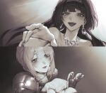  2bmm2 2girls absurdres alternate_costume armor armored_gloves astra_yao bare_shoulders black_hair blonde_hair blush commentary_request earrings evelyn_chevalier eyes_visible_through_hair fingernails gold_hairband hairband half-closed_eyes highres jewelry knight long_hair mole mole_under_eye multiple_girls nail_polish necklace offering_hand open_mouth uneven_bangs upper_body yuri zenless_zone_zero 