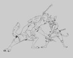 3_toes action_pose angry anthro arnis bottomwear clothing denim denim_bottomwear denim_clothing digital_drawing_(artwork) digital_media_(artwork) duo feet felid feline female fluffy fluffy_tail fur hair head_tuft holding_object holding_weapon hyena imminent_attack jeans jersey long_hair long_sleeves long_tail looking_up male mammal markings monochrome pants pawpads pepper_(ruffu) pose ruffu shirt shorts simple_background sketch spots spotted_body spotted_fur tail tank_top toes topwear tuft unnamed_character weapon
