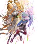  2girls aqua_hair attack blonde_hair breasts crystal fire_emblem fire_emblem_heroes fuuma_shuriken glowing gradient_hair grey_hair gullveig_(fire_emblem) gullveig_(ninja)_(fire_emblem) hair_ornament hair_over_one_eye highres holding holding_shuriken holding_weapon horns huge_breasts japanese_clothes kvasir_(fire_emblem) kvasir_(ninja)_(fire_emblem) long_hair multicolored_hair multiple_girls non-web_source official_alternate_costume official_art petals sand sandals scarf scroll short_hair shuriken sideboob single_horn small_breasts snake_hair_ornament very_long_hair weapon yellow_eyes 