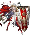  1girl axe battle_axe blue_eyes bodysuit cape clenched_teeth crown damaged dress edelgard_von_hresvelg edelgard_von_hresvelg_(adrestian_emperor) edelgard_von_hresvelg_(adrestian_emperor)_(resplendent) edelgard_von_hresvelg_(timeskip) fake_horns feather_trim fingerless_gloves fire_emblem fire_emblem:_three_houses fire_emblem_heroes gloves hair_rings highres holding holding_axe holding_shield horns insignia non-web_source official_alternate_costume official_art red_bodysuit red_cape red_gloves shield solo teeth torn_clothes two-sided_cape two-sided_fabric v-shaped_eyebrows weapon white_cape white_dress white_hair 