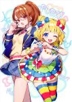  2girls :o ;d black-framed_eyewear blonde_hair blue_eyes blue_jacket blue_skirt blunt_bangs bow breasts brown_eyes brown_hair catchphrase collared_shirt commentary_request cone_hair_bun double_bun dress dual_persona feet_out_of_frame glasses hair_bow hair_bun heart heart_hands heart_in_heart_hands highres idol_clothes jacket leaning_forward long_hair long_sleeves looking_at_viewer minami_mirei minami_mirei_(normal) miniskirt multicolored_dress multiple_girls necktie one_eye_closed open_mouth paprika_private_academy_school_uniform pink_necktie plaid_clothes plaid_skirt pleated_skirt ponytail pretty_series pripara school_uniform semi-rimless_eyewear shirt short_hair skirt small_breasts smile standing standing_on_one_leg striped_clothes striped_thighhighs tawan_(46okuneeen) thighhighs under-rim_eyewear vest white_shirt yellow_vest 