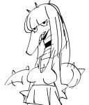 2025 alligator alligatorid anthro black_and_white bottomwear breasts cleavage clothed clothed_anthro clothed_female clothing crocodilian digital_drawing_(artwork) digital_media_(artwork) english_description eyelashes female female_anthro hair hi_res monochrome non-mammal_breasts portrait reptile scalie sharp_teeth simple_background sketch skirt solo tail teeth white_background xarop77