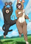  1boy 1girl animal_ear_hood animal_ears black_choker black_hair blonde_hair blue_sky cat_ears cat_tail chainsaw_man choker cloud cloudy_sky day denji_(chainsaw_man) fake_animal_ears grass hair_between_eyes highres hood jumping matomo mouse_ears mouse_tail onesie open_mouth reze_(chainsaw_man) running sky tail tongue tongue_out 