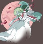  2girls alternate_design alternate_hairstyle alternate_universe arm_blade ball_gown bob_cut brown_background capelet closed_eyes colored_skin dancing dress facing_another full_moon gallade gardevoir genderswap genderswap_(mtf) green_hair highres holding_hands interlocked_fingers lampette looking_at_another mega_gallade mega_gardevoir midair mohawk moon multiple_girls pink_petals pokemon pokemon_(creature) pokemon_focus red_eyes sketch skirt strapless strapless_dress tutu unfinished weapon white_arm_warmers white_capelet white_dress white_skin white_skirt wind 