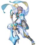  1boy aqua_eyes attack axe cape fire_emblem fire_emblem_heroes green_hair highres holding holding_axe hrid_(fire_emblem) hrid_(ninja)_(fire_emblem) japanese_clothes maid_headdress mask mask_on_shoulder ninja non-web_source official_alternate_costume official_art sandals smile solo tabi 