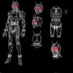  1boy antennae armor belt black_background full_body garoshirou gloves glowing glowing_eyes highres kamen_rider kamen_rider_black kamen_rider_black_(series) kingstone male_focus red_eyes rider_belt solo 