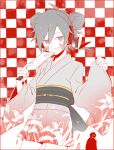  1boy 1girl aaniko alternate_costume alternate_hairstyle checkered_background commentary_request cowboy_shot double_bun ene_(kagerou_project) facial_mark gradient_clothes gradient_kimono hagoita hair_between_eyes hair_bun holding japanese_clothes kagerou_project kimono kisaragi_shintarou leaf_print long_sleeves looking_at_viewer obi paddle partially_colored print_kimono red_background sash short_hair shuttlecock sleeves_past_wrists solo_focus standing white_background 