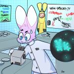  absurd_res ambiguous_gender anthro bodily_fluids cheek_tuft clothing coat facial_tuft fur glowing group hazmat_suit hi_res humor lab_coat laboratory lagomorph leporid male mammal micro_organism_(organism) microscope microscopic pink_body pink_fur rabbit science_experiment suprised_look surprise sweat sweatdrop the_xing1 topwear tuft white_body white_fur wide_eyed 