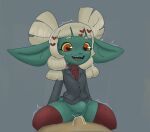 abdominal_bulge accessory big_ears blonde_hair bluesparrow bodily_fluids bottomless clothed clothing cosplay cum cum_in_vagina cum_inside duo female front_view genital_fluids genitals goblin green_body green_skin grey_background grey_clothing grey_topwear hair hair_accessory heart_accessory heart_eyes heart_symbol helltaker hi_res humanoid humanoid_pointy_ears legwear male male/female modeus_(helltaker) open_mouth open_smile penetration penis pointy_ears red_clothing red_eyes red_legwear red_sweater red_thigh_highs red_topwear sex sharp_teeth simple_background smile sweater tan_body tan_skin teeth thick_thighs thigh_highs topwear vaginal vaginal_penetration wide_hips yellow_sclera