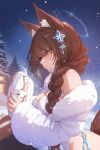  1girl animal_ear_fluff animal_ears artist_name ass bare_shoulders blush braid breasts brown_eyes brown_hair closed_mouth cup detached_sleeves fox_ears hair_over_shoulder halo holding holding_cup hot_chocolate jewelry large_breasts long_hair looking_at_object mitsu_(mitsu_art) nail_polish night night_sky original patreon_username pine_tree sky smile snow table thighhighs tree winter 