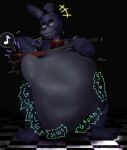 animatronic anthro anthro_pred belly big_belly bonnie_(fnaf) bythepowerofduskull electric_guitar five_nights_at_freddy&#039;s guitar hi_res huge_belly lagomorph leporid machine male male_pred mammal musical_instrument plucked_string_instrument rabbit robot rumbling_stomach same_size_vore scottgames string_instrument struggling struggling_prey vore