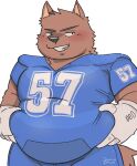  2022 absurd_res anthro belly black_nose blush brown_body canid canine hi_res humanoid_hands jamiephut kemono male mammal overweight overweight_male simple_background solo sportswear 