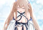  1girl absurdres anchorage_(azur_lane) artist_request azur_lane bangs bare_shoulders blue_coat blush breasts cleavage closed_eyes coat crossed_bangs eagle_union_(emblem) hanging_breasts highres large_breasts leaning_forward light_brown_hair long_hair looking_at_viewer micro_shorts open_mouth ribbon_between_breasts shorts sleeves_past_fingers sleeves_past_wrists smile solo standing very_long_sleeves 