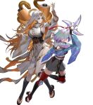  2girls aqua_hair attack blonde_hair breasts crystal fire_emblem fire_emblem_heroes fuuma_shuriken gradient_hair grey_hair gullveig_(fire_emblem) gullveig_(ninja)_(fire_emblem) hair_ornament hair_over_one_eye highres holding holding_shuriken holding_weapon horns huge_breasts japanese_clothes kvasir_(fire_emblem) kvasir_(ninja)_(fire_emblem) long_hair multicolored_hair multiple_girls non-web_source official_alternate_costume official_art sandals scarf scroll short_hair shuriken sideboob single_horn small_breasts snake_hair_ornament very_long_hair weapon yellow_eyes 