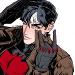  1boy bat_signal batman_(series) batman_symbol black_bodysuit black_gloves black_hair blue_eyes bodysuit brown_jacket dc_comics e2_yhxloki gloves grey_bodysuit jacket jason_todd male_focus multicolored_bodysuit muscular muscular_male open_clothes red_hood_(dc) red_hood_and_the_outlaws short_hair superhero_costume taut_bodysuit two-tone_bodysuit 