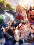  2boys abs animal_ear_fluff animal_ears antenna_hair arm_tattoo armlet black_choker black_coat black_gloves black_shirt blonde_hair blue_eyes braid chest_tattoo choker clawed_gauntlets coat commentary earrings english_commentary facial_tattoo fingerless_gloves gloves gold_earrings gold_necklace gradient_hair halloween halloween_bucket halloween_costume honkai:_star_rail honkai_(series) jewelry male_focus medium_hair multicolored_hair multiple_boys muscular muscular_male mydei_(honkai:_star_rail) necklace om_rm1101 open_clothes open_coat parted_bangs phainon_(honkai:_star_rail) pointy_ears red_hair red_tattoo shirt short_hair side_braid single_glove tattoo white_hair wolf_boy wolf_ears yellow_eyes 