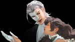  1boy 1girl alternate_costume black_background black_jacket black_suit brown_hair fangs gloves hair_slicked_back half_mask high_collar highres jacket long_hair looking_at_another love_and_deepspace mask medium_hair open_mouth parted_lips phantom_of_the_opera protagonist_(love_and_deepspace) red_eyes shirt simple_background slit_pupils suit suit_jacket sylus_(love_and_deepspace) sylvaeon wavy_hair white_gloves white_hair white_mask white_shirt 