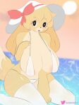 animal_crossing anthro big_breasts bikini breasts canid canine canis clothing domestic_dog female fur hand_on_breast huge_breasts isabelle_(animal_crossing) legwear looking_at_viewer mammal mochagato nintendo sawavhs sawavhs_(artist) solo stockings sun_hat swimwear thick_thighs video_games water watermark yellow_body yellow_fur 