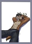  abs anthro antlers arms_behind aroused aroused_face aroused_male aroused_smile balls_outline bedroom_eyes belt biceps big_muscles big_pecs black_belt black_bottomwear black_clothing black_facial_hair black_hair black_pants black_sideburns bodily_fluids bottomwear brown_body brown_fur bulge bulge_focus cervine clothed clothing deer detailed_bulge erection erection_under_bottomwear erection_under_clothing erection_under_pants facial_hair flirting flirting_look flirting_with_viewer fur genital_fluids genital_outline genitals hair hands_behind_head hi_res horn looking_at_viewer lying lying_on_ground male male_peeing mammal manly muscular muscular_anthro muscular_male narrowed_eyes on_back on_ground pants pants_wetting pecs peeing peeing_on_ground peeing_on_self peeing_through_clothing peeing_through_pants peeing_while_erect penis penis_outline presenting presenting_bulge red_eyes relaxed_expression relaxing rickwulfk95 seducing_viewer seductive shadow showing_off_muscles sideburns simple_background smile smiling_at_viewer smirk smirking_at_viewer solo steam tail topless topless_anthro topless_male urine urine_from_penis urine_on_ground urine_on_penis urine_on_self urine_pool urine_stream watersports wet wet_bottomwear wet_clothing wet_pants wetting wetting_bottomwear white_background 