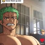  clenched_teeth cover_them_up_slut_(meme) earrings green_hair heart highres indoors jewelry male_focus meme one_piece photo_background roronoa_zoro teeth 