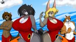  absurd_res anthro breasts chrisandcompany cleavage clothed clothing felid female group hair hi_res lagomorph leporid lutrine male mammal mustelid pantherine procyonid rabbit raccoon swimming_trunks swimwear tiger whistle_(object) 