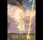  1boy androgynous blonde_hair blue_sky braid dress elden_ring golden_shower holding kezhou long_hair male_focus miquella_(elden_ring) non-web_source peeing pillar sky solo tiptoes trap very_long_hair wavy_hair white_sky 