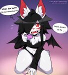 2025 absurd_res anthro asphodel_(sataenart) bat bat_wings begging big_ears black_clothing black_hair bodily_fluids chest_tuft clothing collar condom_wrapper cross cross_necklace dialogue english_text female front_view fur hair hi_res inner_ear_fluff jewelry kneeling long_sleeves mammal membrane_(anatomy) membranous_wings meme necklace no_nut_november red_eyes sataenart small_wings solo speech_bubble spiked_collar spikes sweat sweatdrop text thong tuft underwear url white_body white_fur wings