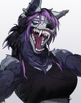 athletic athletic_female blud_wox breasts canid canine clothing ear_piercing female fur hair headshot_portrait hi_res jewelry looking_at_viewer mammal necklace open_mouth piercing portrait purple_hair shirt tank_top teeth tongue tongue_out topwear