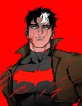  1boy bat_signal batman_(series) batman_symbol black_bodysuit black_hair blood blood_on_face bodysuit brown_jacket chobkkk dc_comics green_eyes grey_bodysuit highres jacket jason_todd male_focus multicolored_bodysuit muscular muscular_male open_clothes red_hood_(dc) red_hood_and_the_outlaws short_hair superhero_costume taut_bodysuit two-tone_bodysuit 