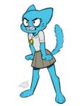  2022 alaynakgray angry anthro blue_body blue_fur bottomwear cartoon_network clenched_teeth clothing domestic_cat eyebrows eyelashes felid feline felis female fur mammal nicole_watterson shirt simple_background skirt solo teeth the_amazing_world_of_gumball topwear white_background 