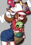  1girl ariados bag blue_overalls brown_hair bug character_name commentary_request evolutionary_line fang grey_background guriko_(mossari) hat holding holding_pokemon horns lyra_(pokemon) mandibles on_head open_mouth overall_shorts overalls pokegear pokemon pokemon_(creature) pokemon_hgss pokemon_on_head red_shirt shirt simple_background single_horn spinarak twintails white_hat 