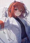  1girl a.i._voice adachi_rei backlighting belt black_shirt blush breast_pocket cable chromatic_aberration commentary_request film_grain flat_chest gloves grey_background hair_between_eyes hair_ribbon hand_up headphones highres jacket lapels long_sleeves looking_at_viewer open_clothes open_jacket orange_belt orange_eyes orange_hair parted_lips pocket ribbon shirt side_ponytail solo suama_(haruichi) upper_body utau white_gloves white_jacket white_ribbon 