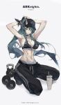  1girl absurdres adjusting_hair arknights arm_behind_head armpits arms_up artist_name bare_arms bare_shoulders black_bra black_choker black_hat black_pants bottle bra breasts calvin_klein character_name choker cleavage copyright_name copyright_notice dumbbell fingerless_gloves full_body gloves green_hair grey_eyes hair_between_eyes hat highres horns hoshiguma_(arknights) kneeling large_breasts long_hair midriff navel pants ponytail ribbon simple_background single_fingerless_glove single_horn solo stomach striped_clothes striped_pants toned toned_female triangle underwear vertical-striped_clothes vertical-striped_pants water_bottle weight white_background wrist_ribbon yone_?_(yone_fatesealed) 