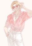  1boy adjusting_hair belt blonde_hair chinese_commentary collarbone collared_shirt commentary cowboy_shot curtained_hair diffraction_spikes face_piercing forehead granyon hand_on_own_hip highres jewelry kagurabachi lightning_bolt_necklace lightning_bolt_symbol lip_piercing looking_at_viewer male_focus natsuki_misaka necklace pants parted_bangs partially_unbuttoned pectoral_cleavage pectorals piercing pink-framed_eyewear pink_shirt plant_print print_shirt semi-rimless_eyewear shirt short_hair short_sleeves simple_background slit_pupils solo sunglasses toned toned_male white_background white_belt white_pants 