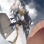  2boys black_suit black_umbrella blade_(honkai:_star_rail) blue_hair chinese_clothes cloud cloudy_sky formal_clothes hair_ribbon highres holding holding_umbrella honkai:_star_rail honkai_(series) jing_yuan kiss long_hair male_focus mississipping multiple_boys oil-paper_umbrella ponytail rain red_ribbon red_umbrella ribbon shared_umbrella sky suit umbrella white_hair yaoi 