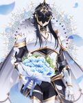  1boy absurdres alternate_costume armor black_hair black_helmet blue_flower blue_ribbon blue_rose bouquet breastplate cape capitano_(genshin_impact) commentary_request falling_petals faulds feet_out_of_frame flower formal_clothes fur_trim gauntlets genshin_impact gold_trim helmet highres holding holding_bouquet leaf long_hair male_focus petals plant ribbon rose solo standing uouzzz white_armor white_cape white_fur 