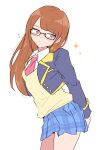  1girl absurdres arms_behind_back black-framed_eyewear blazer blue_skirt blunt_bangs blush breasts brown_eyes brown_hair closed_mouth collared_shirt commentary_request cropped_jacket flying_sweatdrops glasses grey_background grey_jacket head_tilt highres jacket long_hair long_sleeves looking_at_viewer looking_to_the_side minami_mirei minami_mirei_(normal) miniskirt necktie nojima_minami paprika_private_academy_school_uniform plaid_clothes plaid_skirt pleated_skirt pretty_series pripara red_necktie school_uniform semi-rimless_eyewear shirt simple_background skirt small_breasts solo sparkle standing under-rim_eyewear vest watch white_background white_shirt wristwatch yellow_vest 