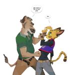 action_pose anthro belt bottomwear brown_body brown_fur canid canine clothing collared_shirt dialogue digital_drawing_(artwork) digital_media_(artwork) duo ear_piercing ear_ring eyebrows facial_hair felid feline female fur green_eyes grey_hair hair head_tuft jersey long_sleeves long_tail looking_at_another male mammal markings mustache pants parry pawpads pepper_(ruffu) piercing pointy_ears polo_shirt pose ring_piercing ruffu shirt short_hair simple_background snout speech_bubble spots spotted_body spotted_fur striped_markings stripes tail text thick_eyebrows topwear tuft unnamed_character yellow_body yellow_fur