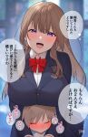  1boy 1girl age_difference blush bow bowtie breasts child commentary_request highres huge_breasts karinto_yamada large_breasts long_hair looking_at_viewer mature_female office_lady onee-shota original purple_eyes speech_bubble straight-on talking translation_request 