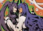  2girls alternate_costume animal_ear_fluff animal_ears bandaid bandaid_on_face bandaid_on_nose bat_(animal) bat_hair_ornament belt black_hair black_jacket black_nails blood blood_from_mouth blue_pants blunt_ends bright_pupils collared_shirt commentary_request eyes_visible_through_hair fang frilled_sleeves frills ghost green_outline hair_between_eyes hair_ornament halloween halloween_costume hand_on_another&#039;s_chin hand_on_another&#039;s_shoulder high-waist_pants highres hishi_amazon_(umamusume) horse_ears hwipa_(param_blue) interracial jack-o&#039;-lantern jacket korean_commentary leather leather_jacket light_blush long_hair long_hair_between_eyes long_sidelocks long_sleeves looking_at_another multiple_girls nail_polish narita_brian_(apoyando_of_the_roar)_(umamusume) narita_brian_(umamusume) official_alternate_costume open_mouth orange_background outline pants pointy_nose puffy_long_sleeves puffy_sleeves purple_hair red_eyes shirt sidelocks sleeves_past_wrists teeth umamusume upper_body upper_teeth_only vampire very_long_hair wavy_hair werewolf_costume white_pupils white_shirt wolf yellow_eyes yuri 