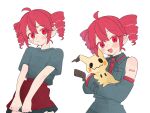  ahoge alternate_costume closed_mouth detached_sleeves drill_hair grey_shirt highres holding holding_pokemon kasane_teto kasane_teto_(utau) looking_at_viewer mimikyu multiple_views ofo_j1 open_mouth pokemon pokemon_(creature) red_eyes red_hair red_skirt shirt short_sleeves simple_background skirt smile twin_drills utau 